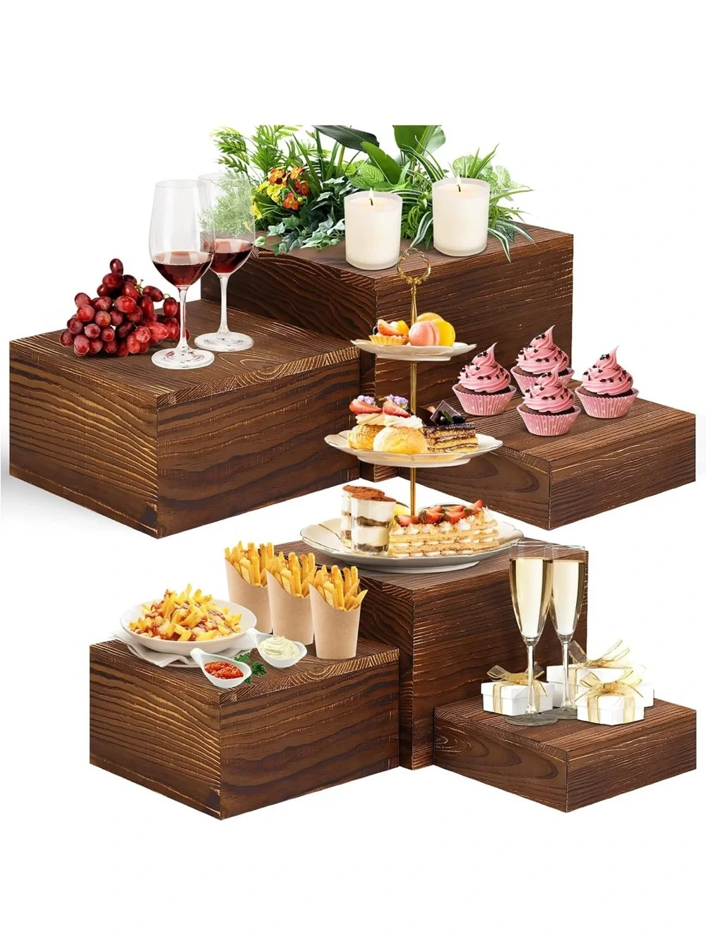NWOT 6 Pack Wooden Risers Display Stands Rustic Wood Cake & Cupcake Stands